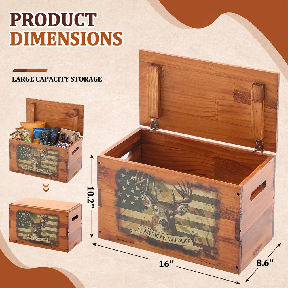 Novabright Solid Pine Wooden Storage Box with Lid, Rustic Elk Decorative Crat...