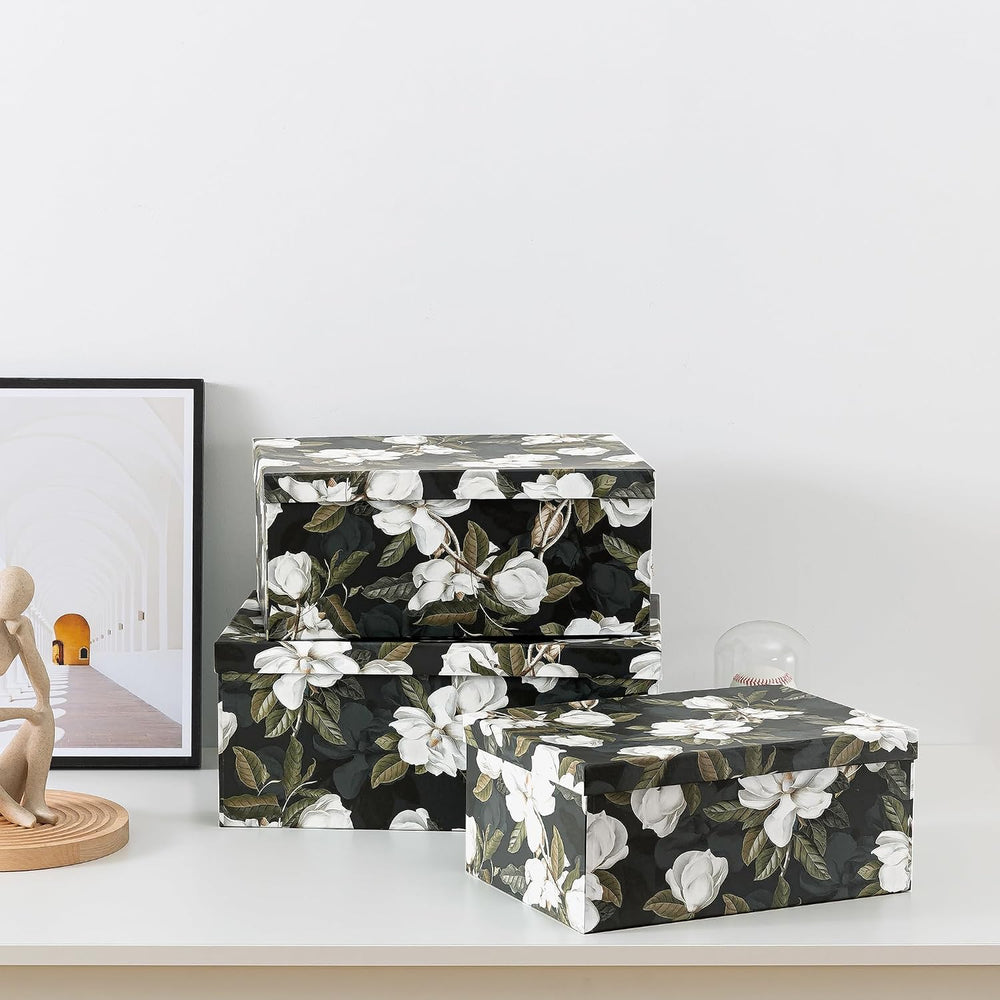 Soul & Lane - Midnight Gardenia Decorative Boxes with Lids, Set of 3, Black