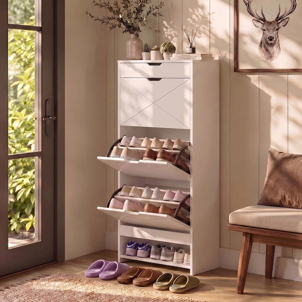 Slim White Shoe Cabinet with 3 Flip Drawers & X-Design for Entryway