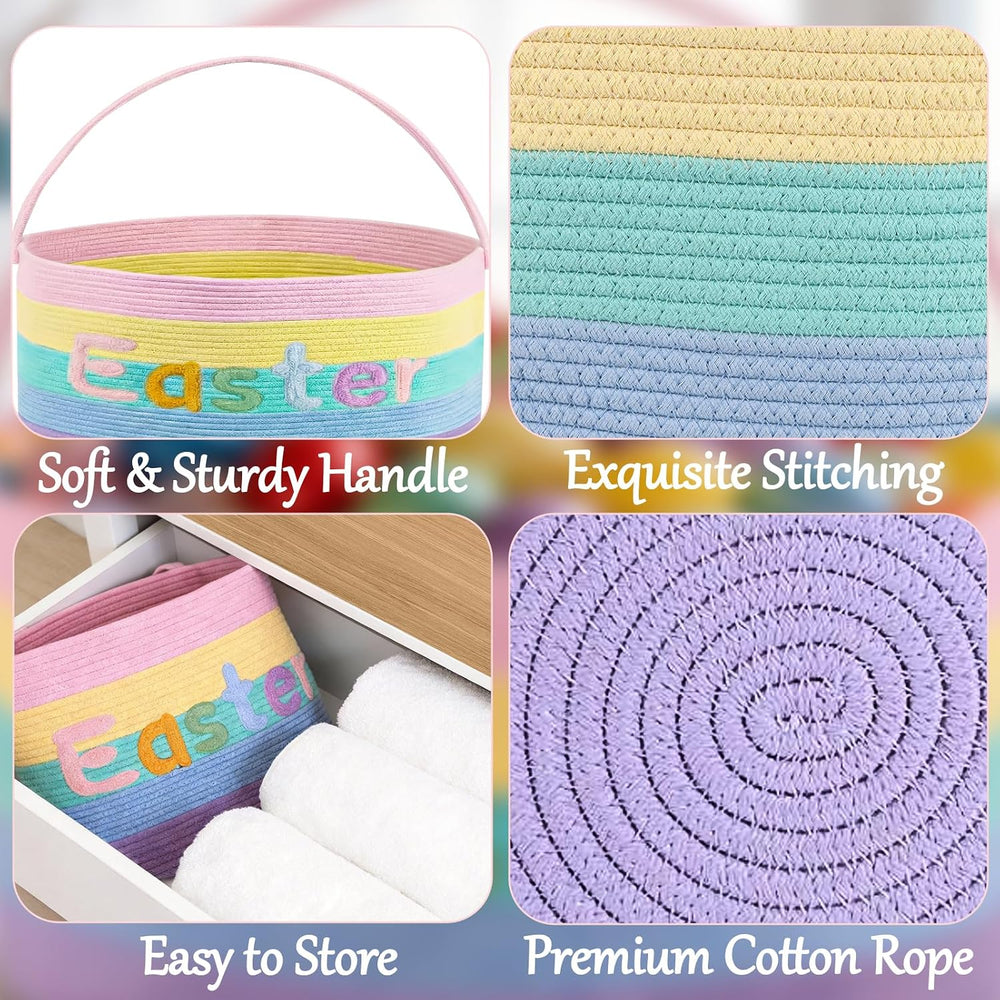 Rainbow Easter Basket, Extra Large Easter Egg Hunting Basket, Woven Cotton Ro...
