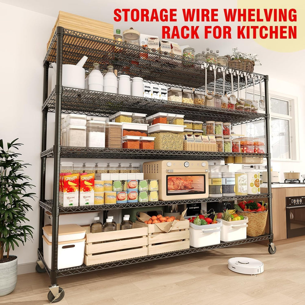 Garvee 3300LBS 5 Tier Metal Shelving with Wheels,82"H Storage Shelves,Black