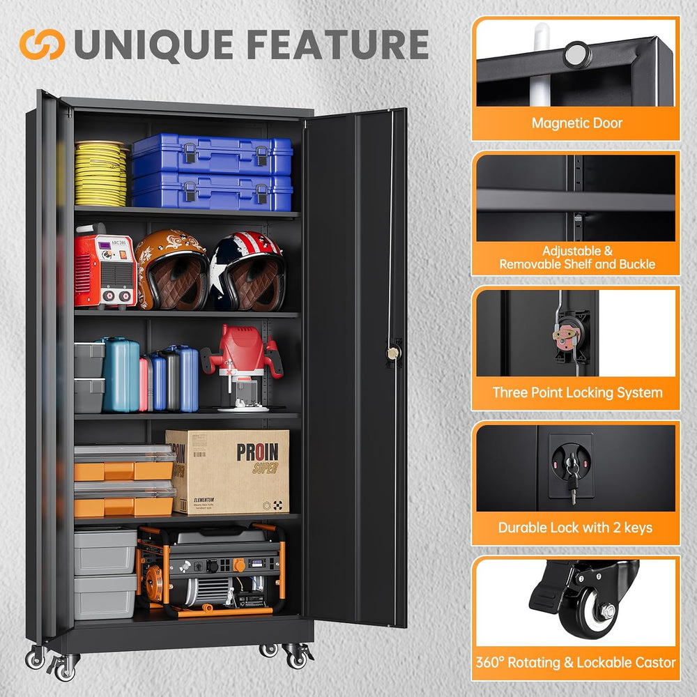Metal Garage Storage Cabinets with Wheels, Rolling Tool Cabinet with Lock, Lo...