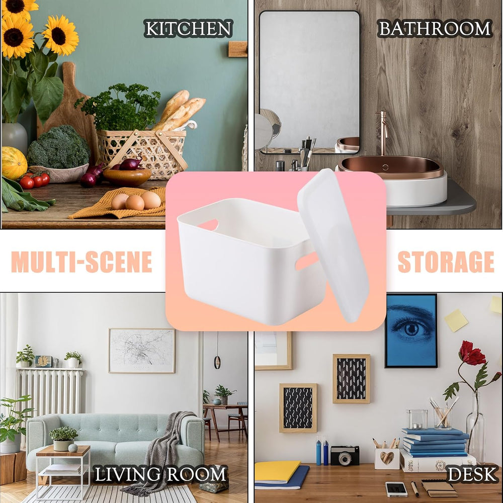 BBTO 8 Pcs White Plastic Storage Bins with Lids Organizing Container with Han...