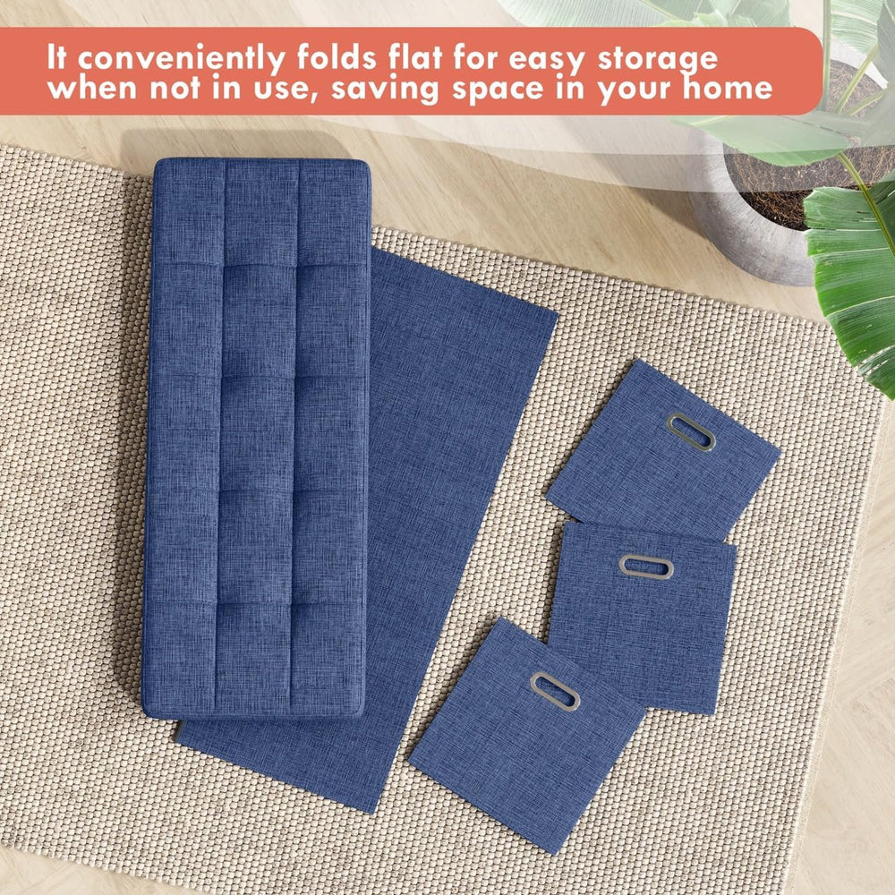 Ornavo Home 40 Inch Storage Ottoman with 3 Drawers, Tufted Linen, Navy Blue