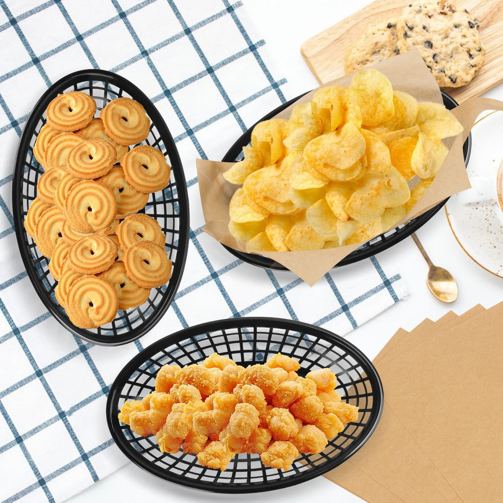 100 Pcs 9 x 5.7 Inch Reusable Black Oval Fast Food Baskets, Sturdy Plastic Pl...