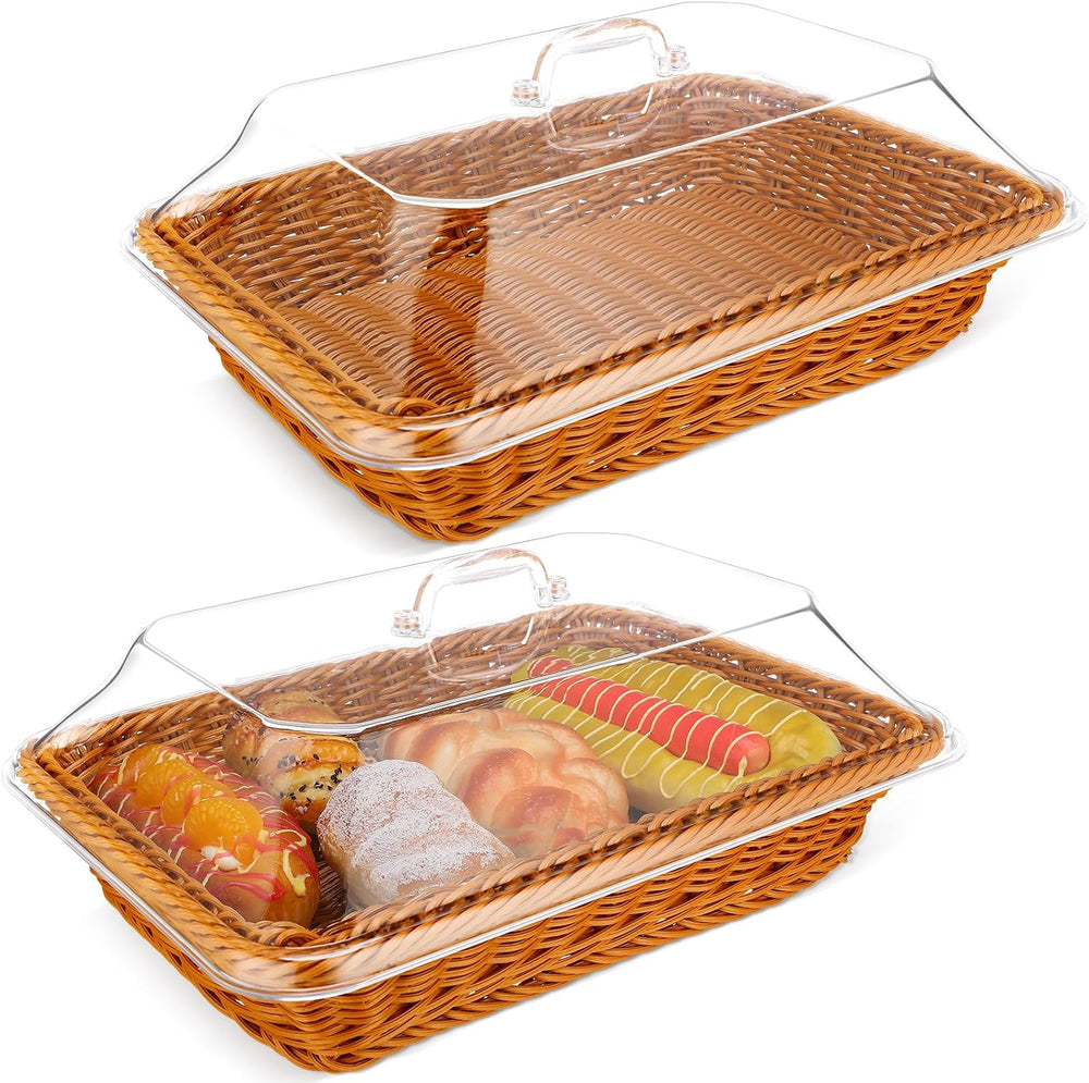 Mumufy 2 Pack Wicker Large Bread Basket with Acrylic Lid Housewarming Gift Wo...