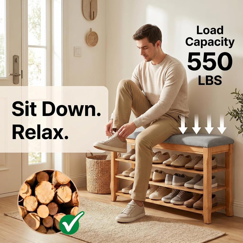 Solid Wood Shoe Bench, 31.5” Shoe Rack for Entryway Storage