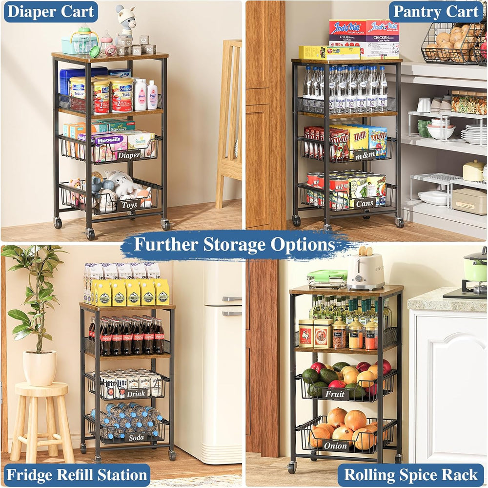 OKZEST 4-Tier Rolling Storage Cart with Upgraded Drawer Basket & Wood Shelf