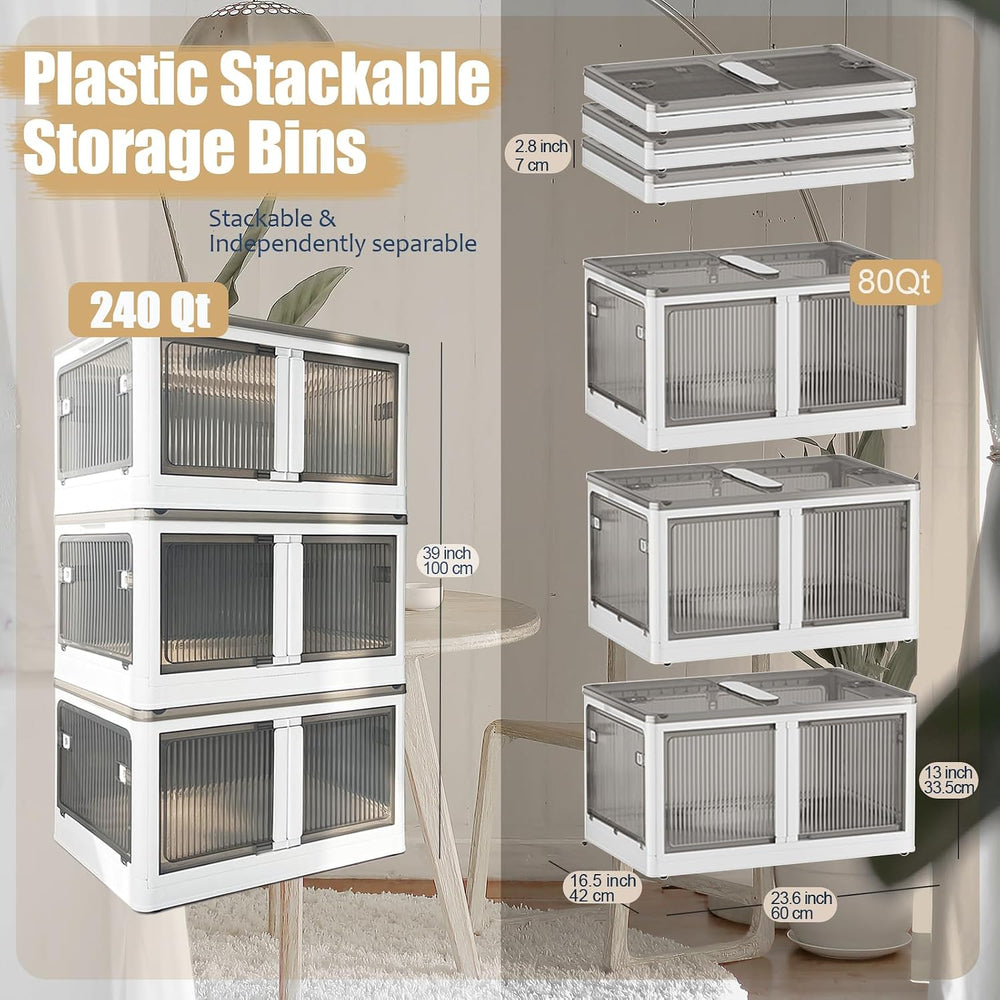Stackable Storage Bins with Doors - 3 Tier 80Qt Each Plastic Collapsible Stor...