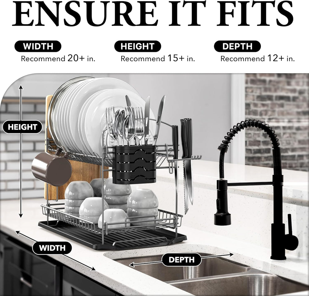 Simple Houseware 2-Tier Dish Rack with Drainboard, Silver