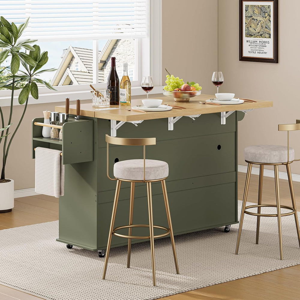60" Kitchen Island with Drop Leaf & Trash Can Storage, Green+Brown