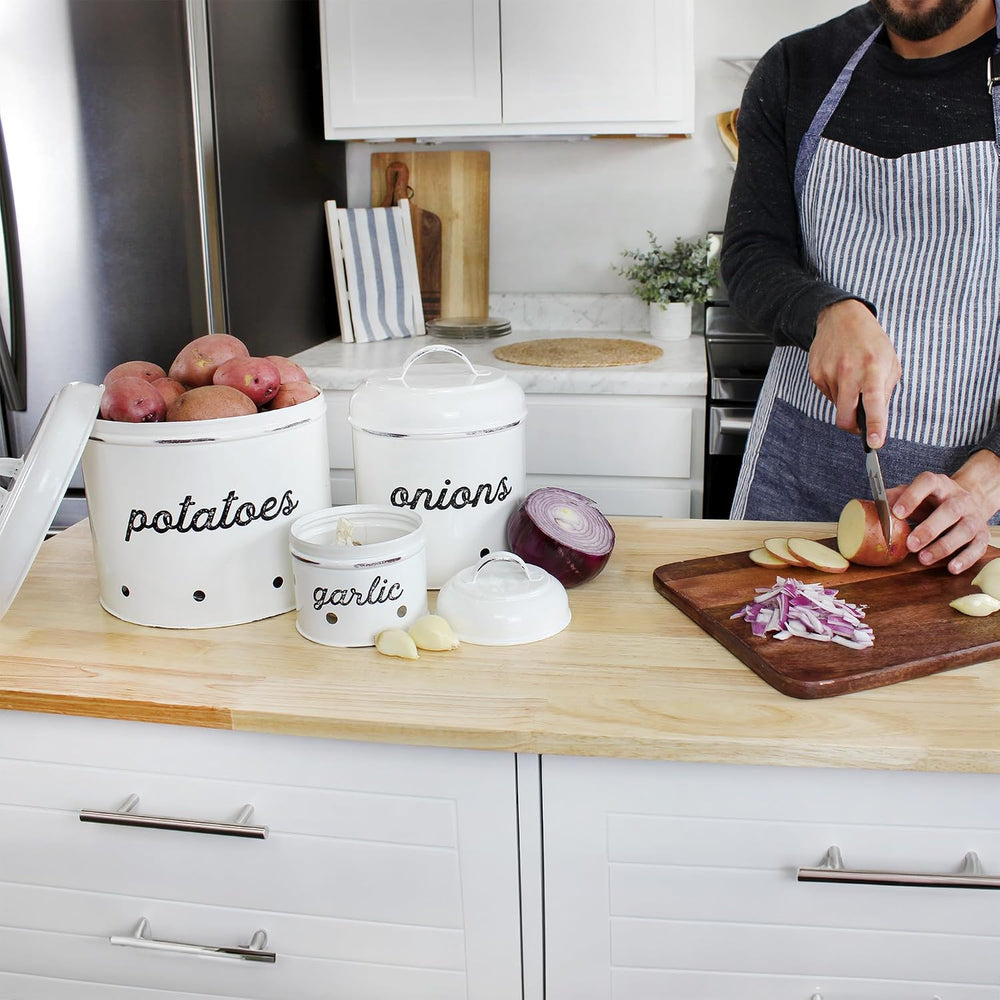AuldHome Design Potatoes, Onions and Garlic Canister Set; Rustic White Enamel...
