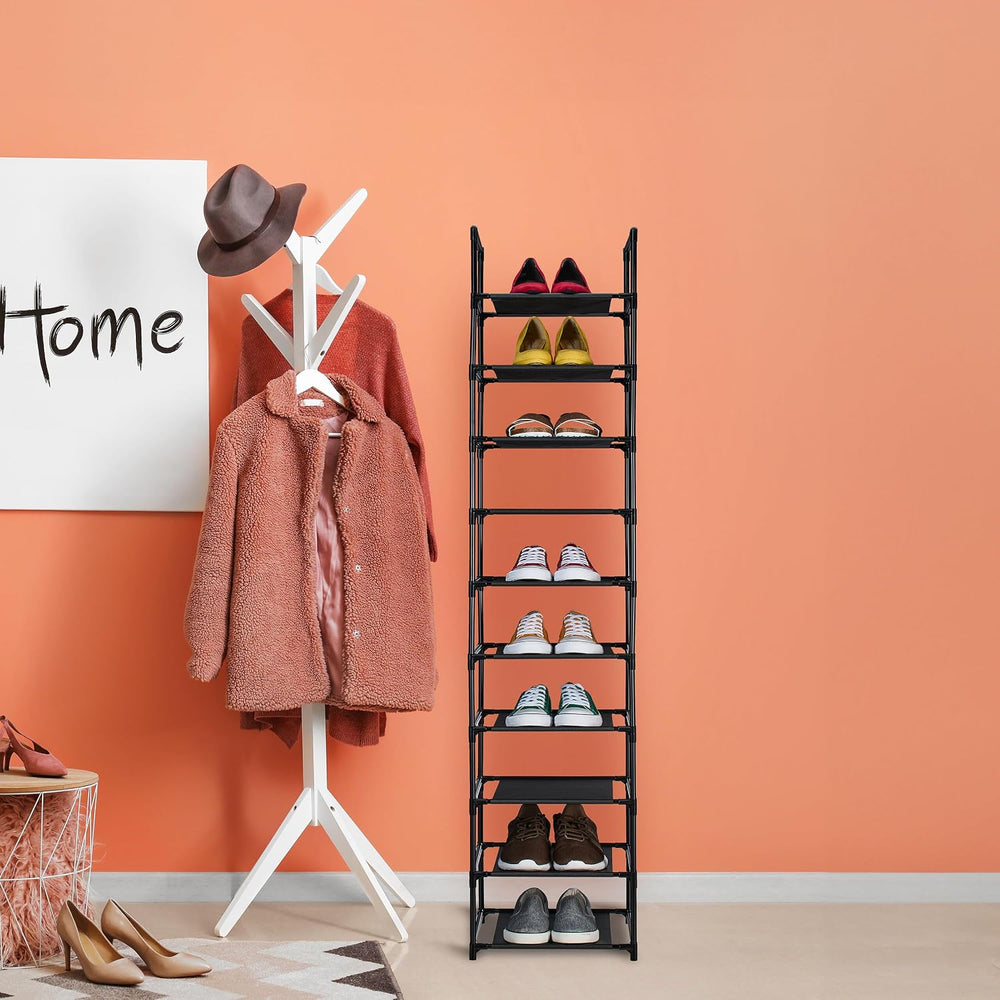 Relaxdays Shoe Rack, 10 Tiers, Narrow Metal Frame, Fabric Levels, Plug Togeth...