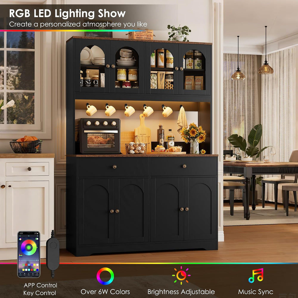 71" LED Kitchen Pantry Cabinet with Power Outlet, Tall Hutch, Black