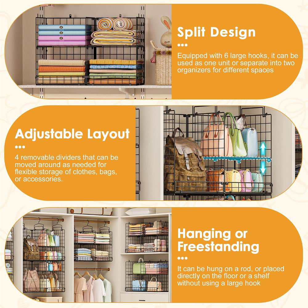 Hanging Closet Organizer with DIY Spacing, Double-Row Closet Hanging Shelves ...