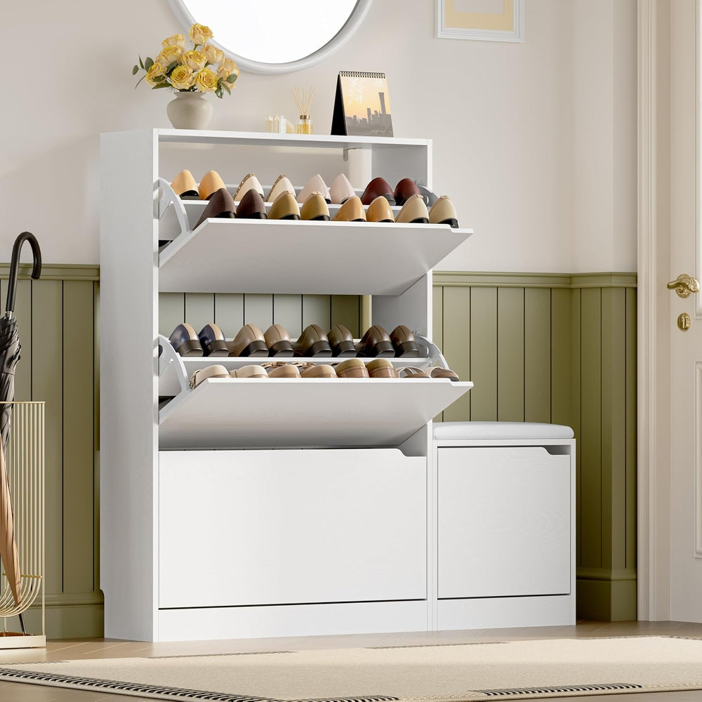 BORNOON Shoe Cabinet with Bench and 3 Flip Drawers, Slim Narrow Shoe Storage ...