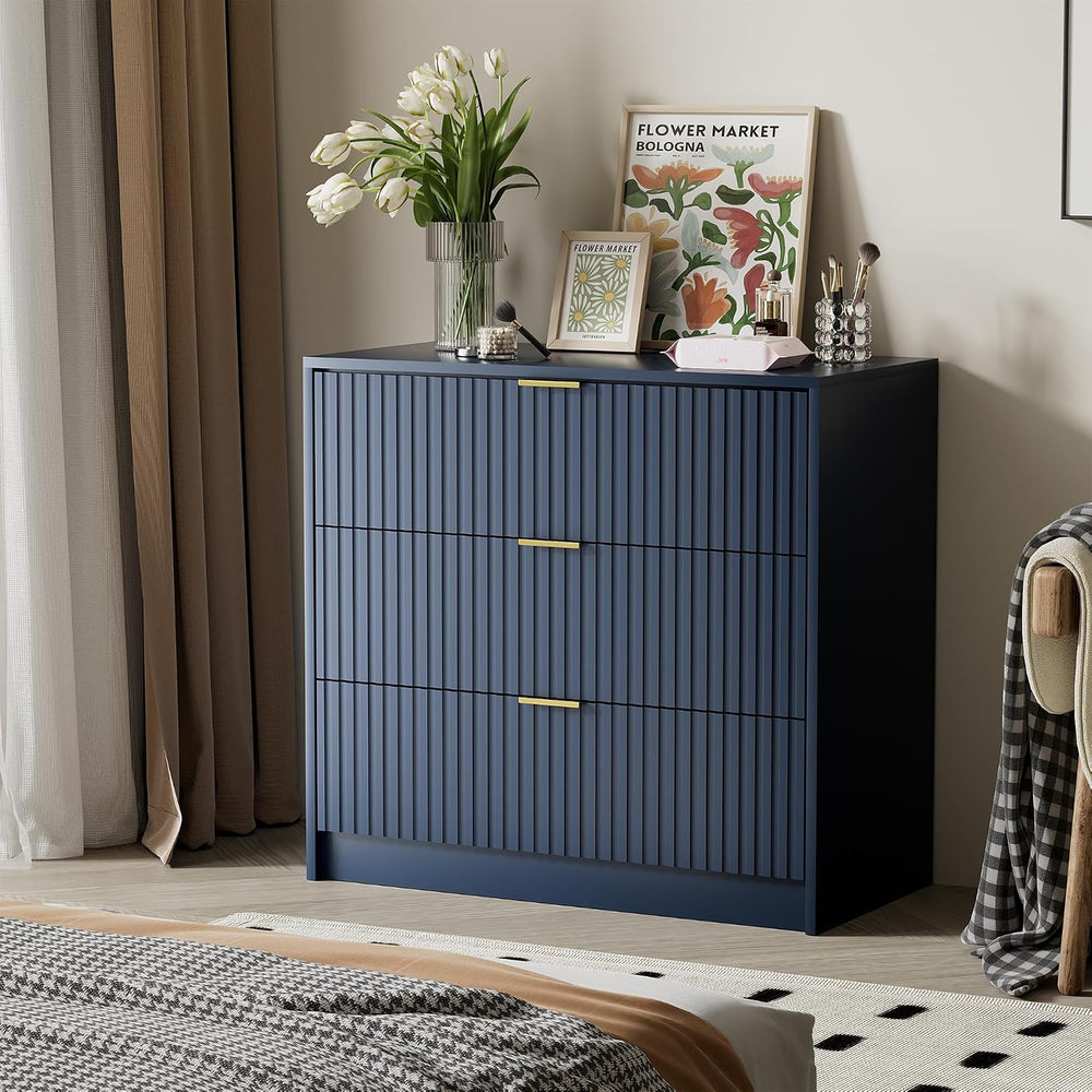 Fluted 3 Drawer Dresser for Bedroom, 31.5" Wide Chest of Drawers, Navy Blue
