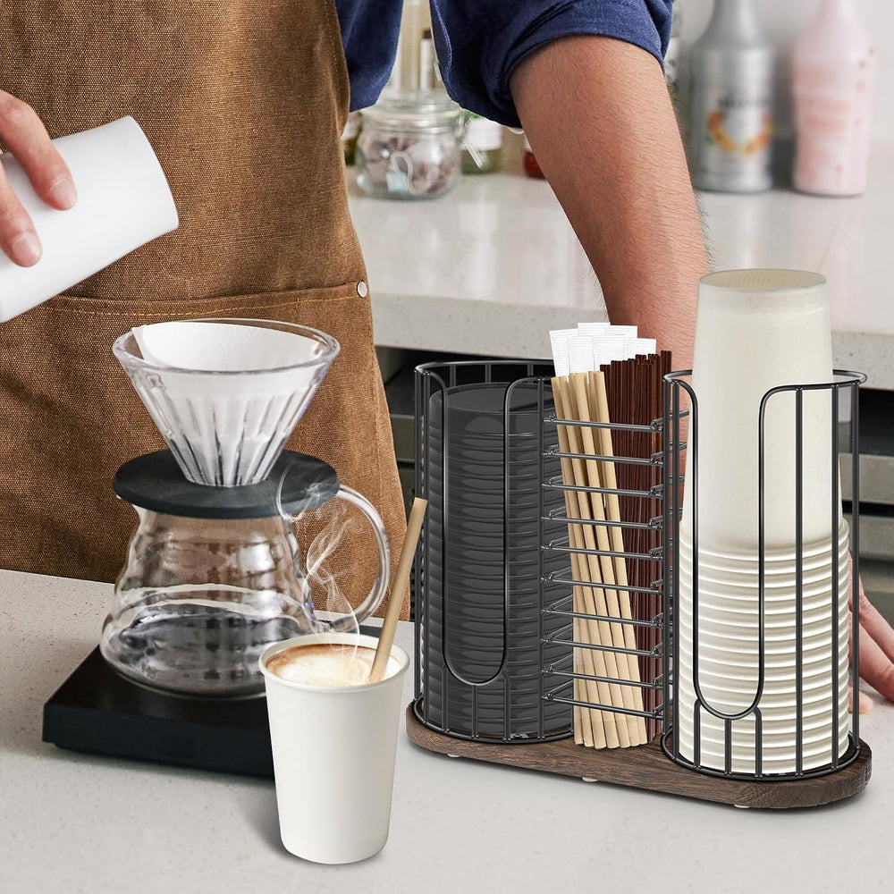 3-Compartment 18oz Coffee Cup Dispenser Rack with Wood Base, Disposable Cup, ...