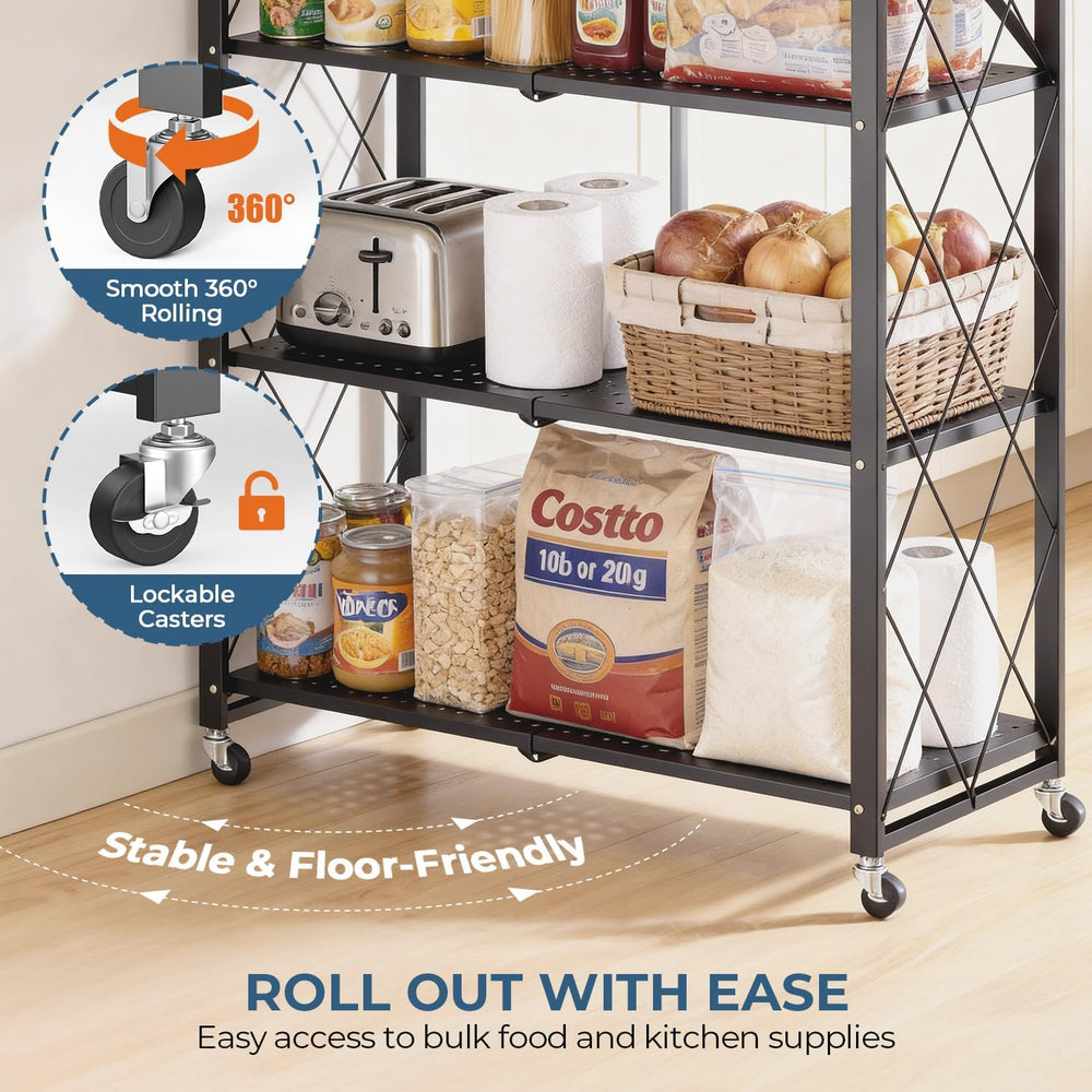Upgraded 18% Thickened Portable 5-Tier Foldable Storage Shelves with Wheels