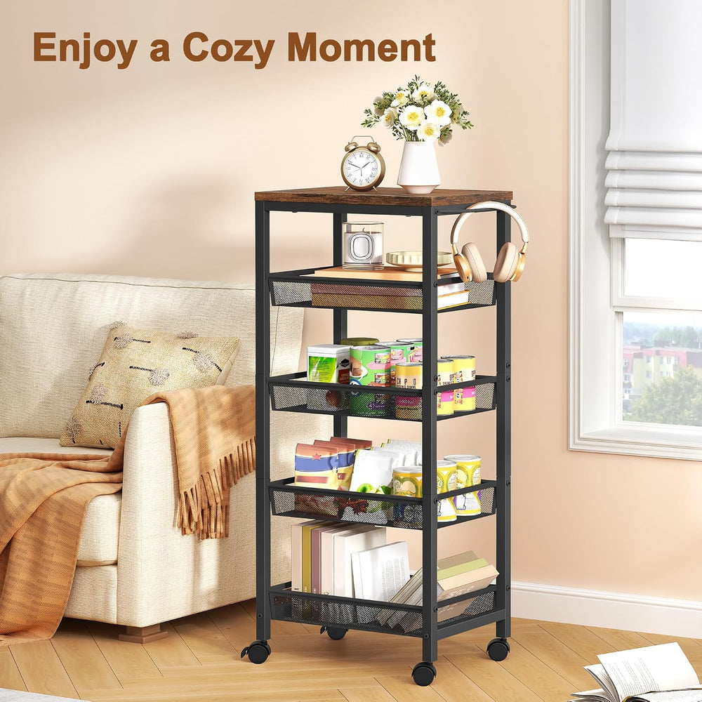 Hoctieon Rolling Storage Cart, 5-Tier 11.8" Wide Panel Kitchen Storage C...