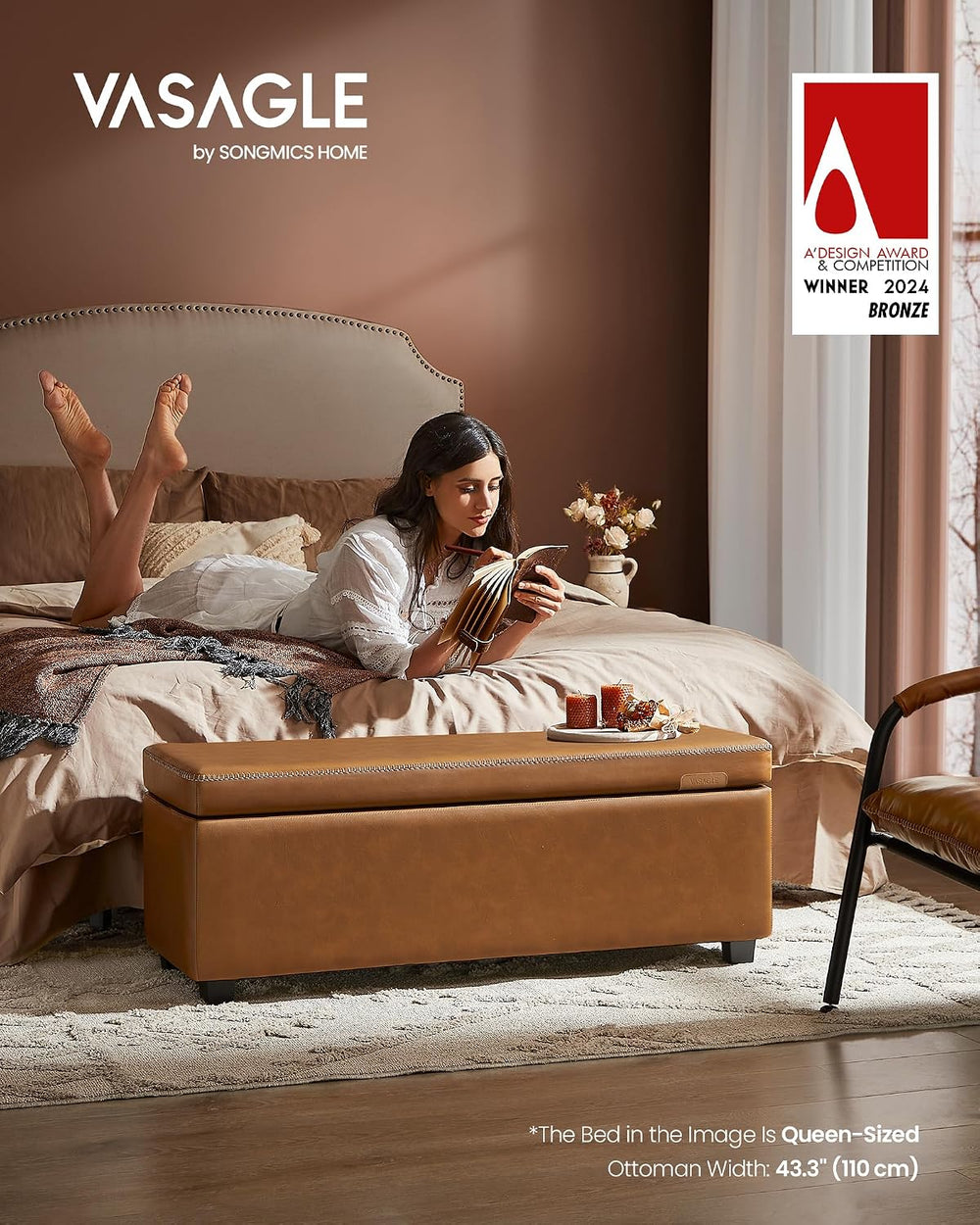 VASAGLE Storage Ottoman Bench with Stitching, PU Leather, Entryway Bedroom