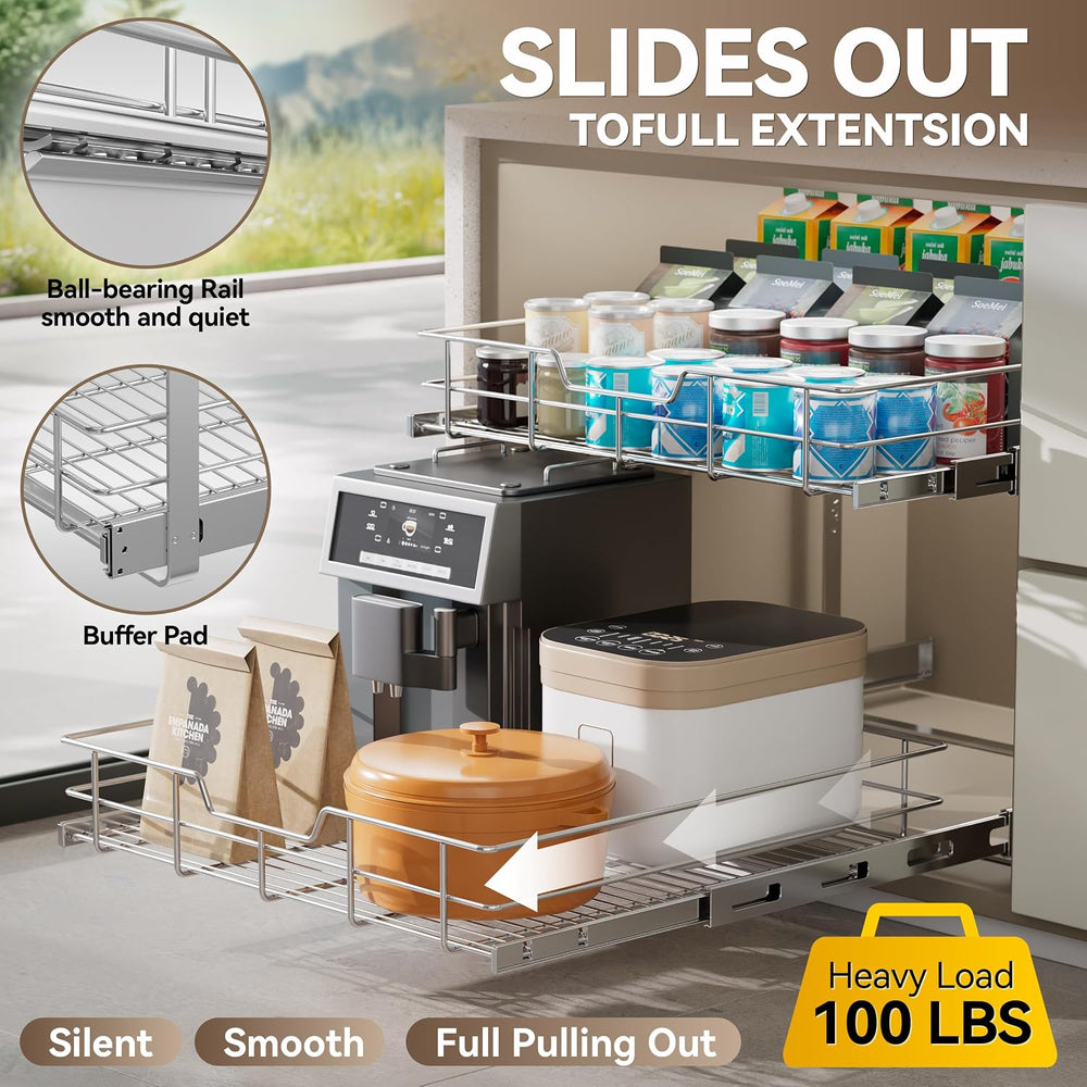 2 Tier Pull Out Cabinet Organizer 15" W X 17" D, Chromed, Full Slid...