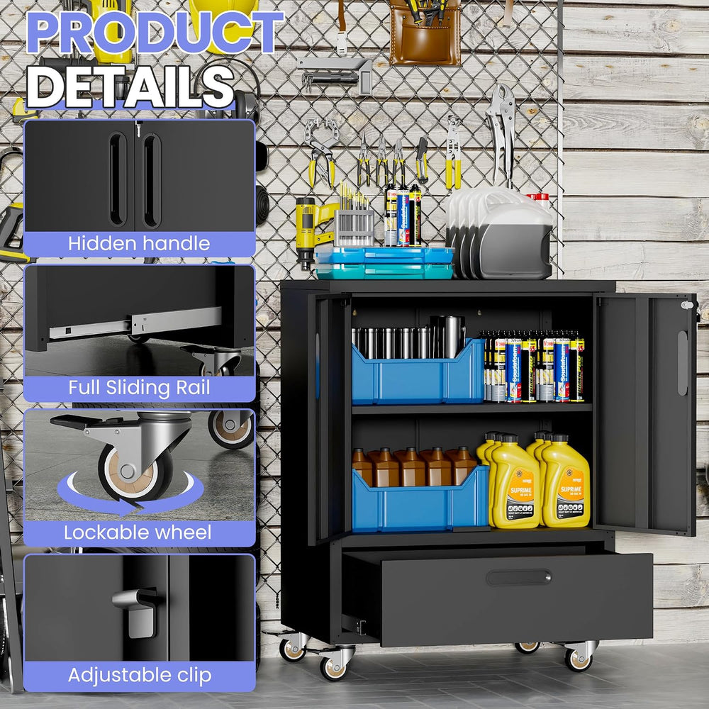 Metal Garage Storage Cabinet on Wheels, Lockable Rolling Tool Cabinet