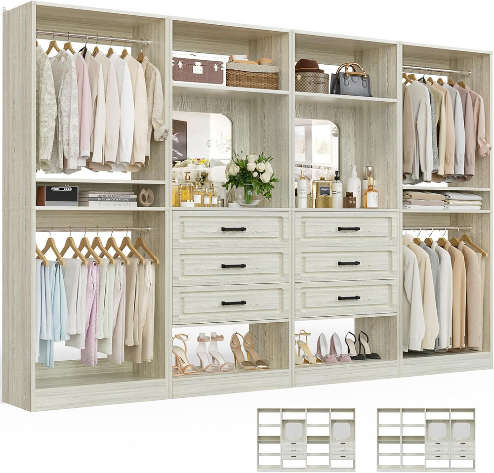 Unikito Closet System, 100" Closet Organizer with 6 Drawers & Mirrors