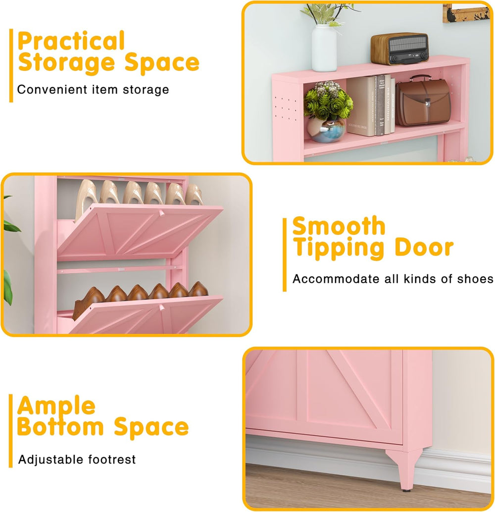 Shoe Cabinet with 2 Flip Drawers, Narrow Shoe Storage Cabinet, Farmhouse Shoe...