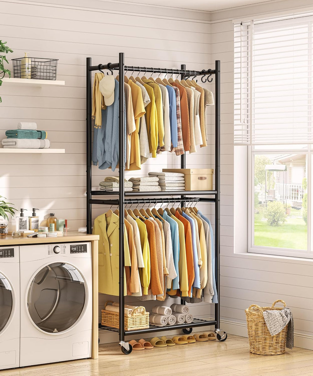 HOMIDEC Clothes Rack,79.7" Double-Tier Clothing Rack with Shelves&Wh...