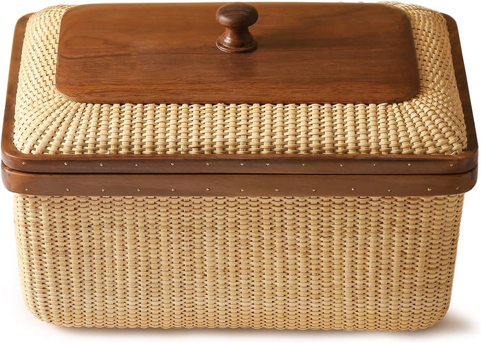 Rectangular Handmade Nantucket Basket with Lid, Natural Cane Weave Storage Basket for Shelves, Home Organization and Decorative Storage