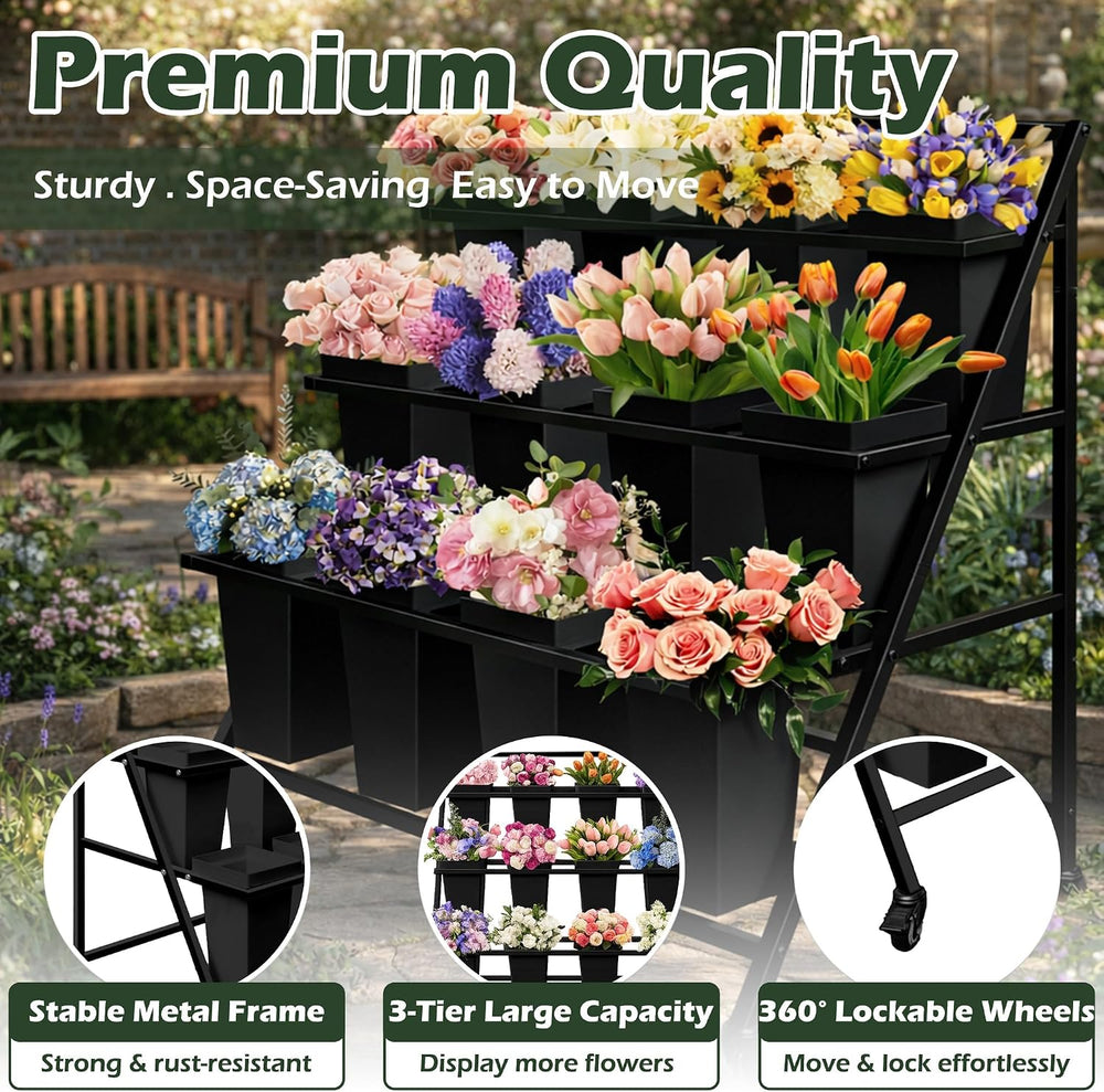 PROLEE Flower Display Stand, 3-Tier Flower Cart with 12 Rectangular Buckets, ...