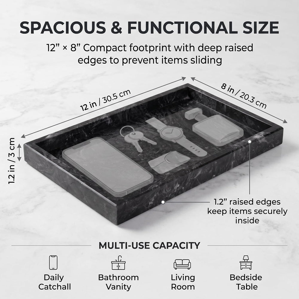 Natural Marble Tray, 12"x8" Rectangular Vanity Catchall w/Silicone ...
