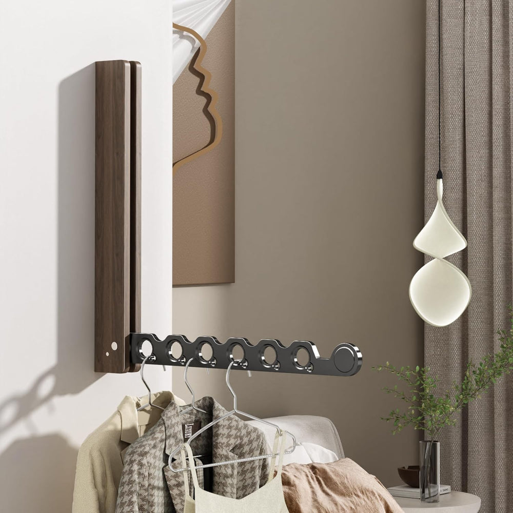 Natural Wood Folding Clothes Hanger Rack for Laundry Room, Wall Mounted Cloth...