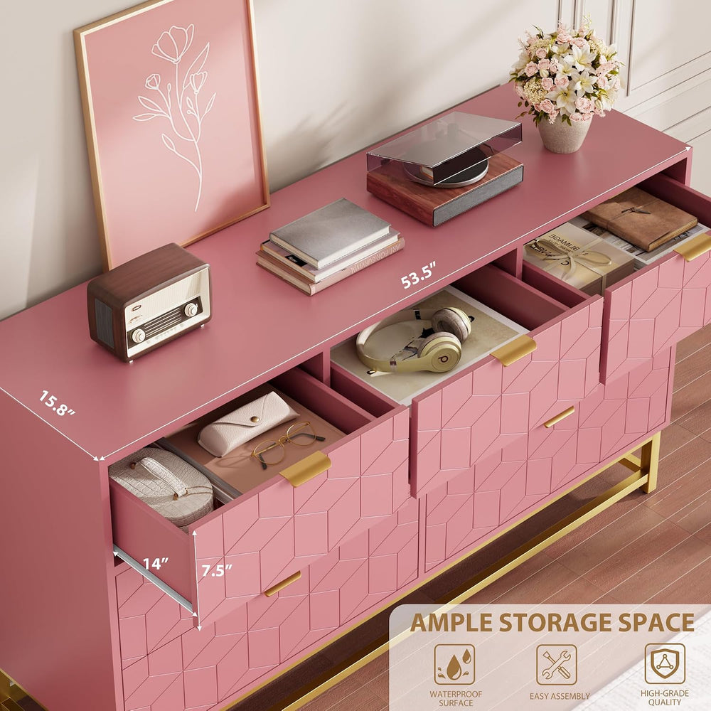 IDEALHOUSE Pink 7 Drawer Dresser for Bedroom, 53.5” Large Dresser with Metal ...