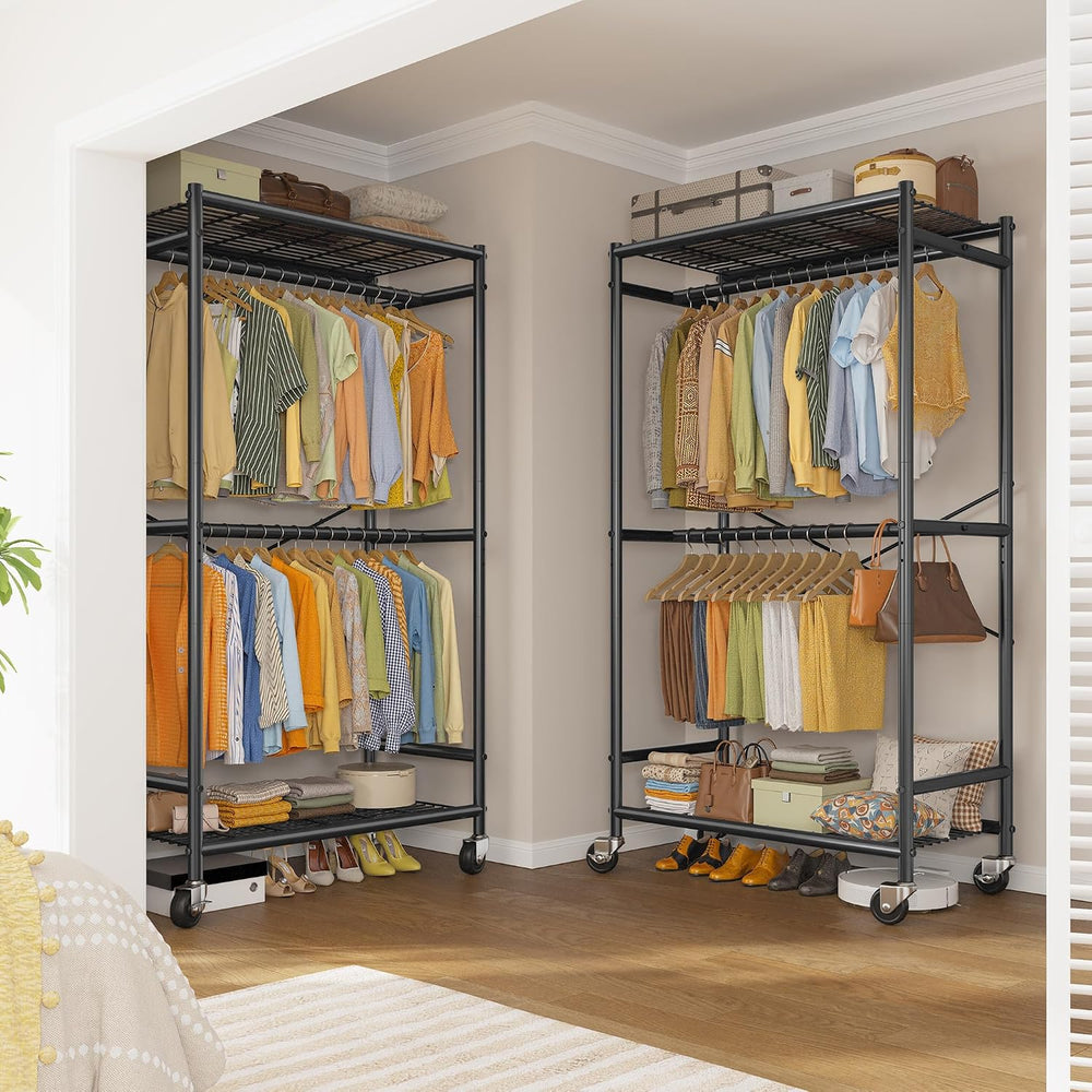 Raybee Clothes Rack, Rolling Portable Closet with Wheels, Double Rod 308LBS
