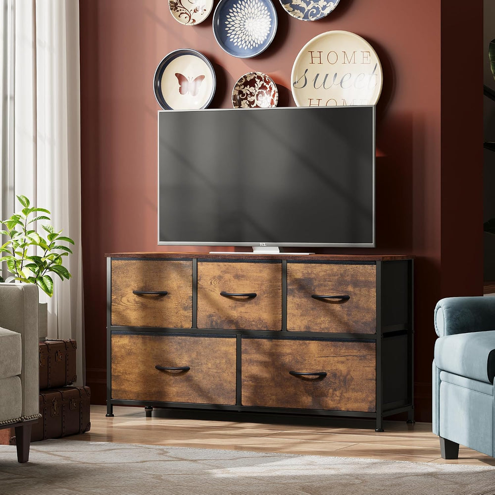 WLIVE Wide Dresser for Bedroom, 5 Drawer Chest of Drawers, Rustic Brown
