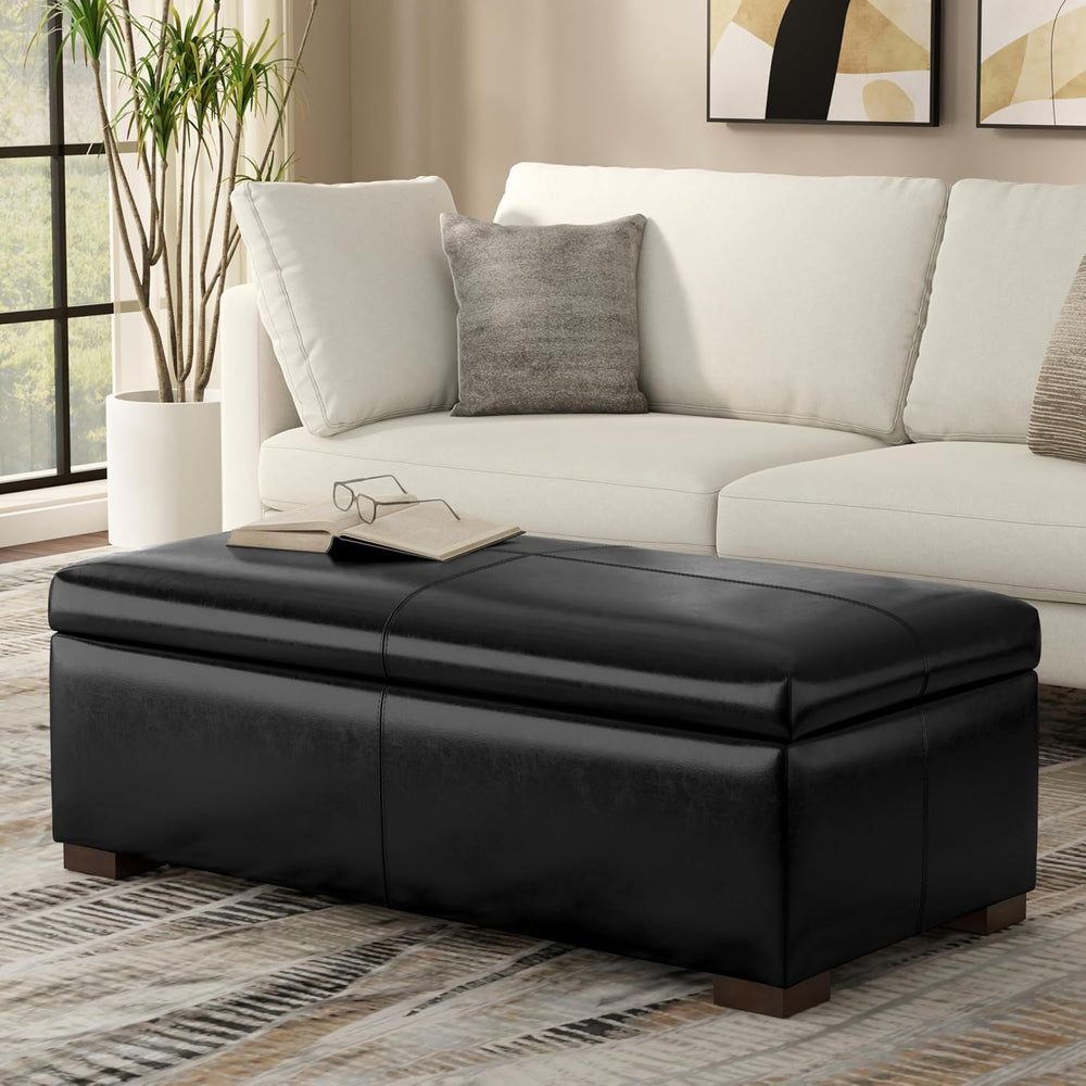 SIMPLIHOME Gabbie 48" Wide Vegan Leather Storage Ottoman in Midnight Black
