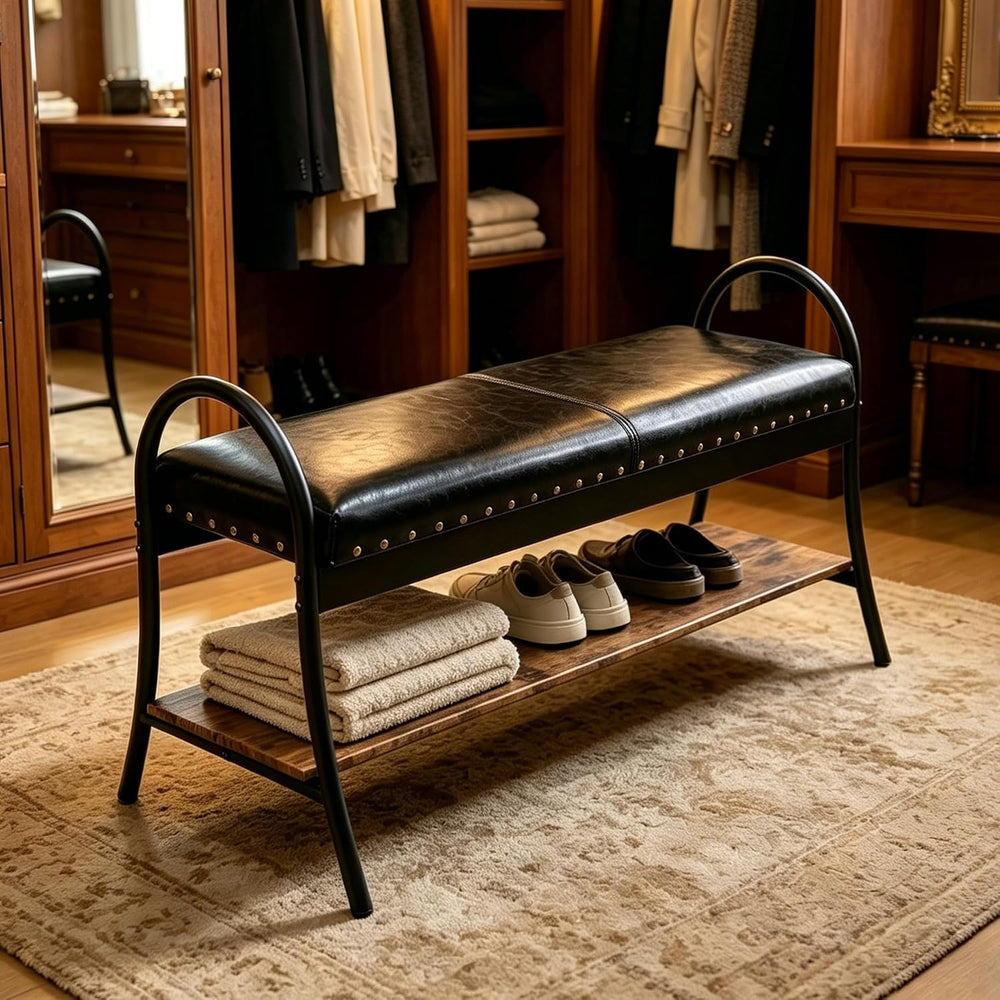 Forteek 39.4" Shoe Bench with Shelf, Industrial Faux Leather Entryway Bench