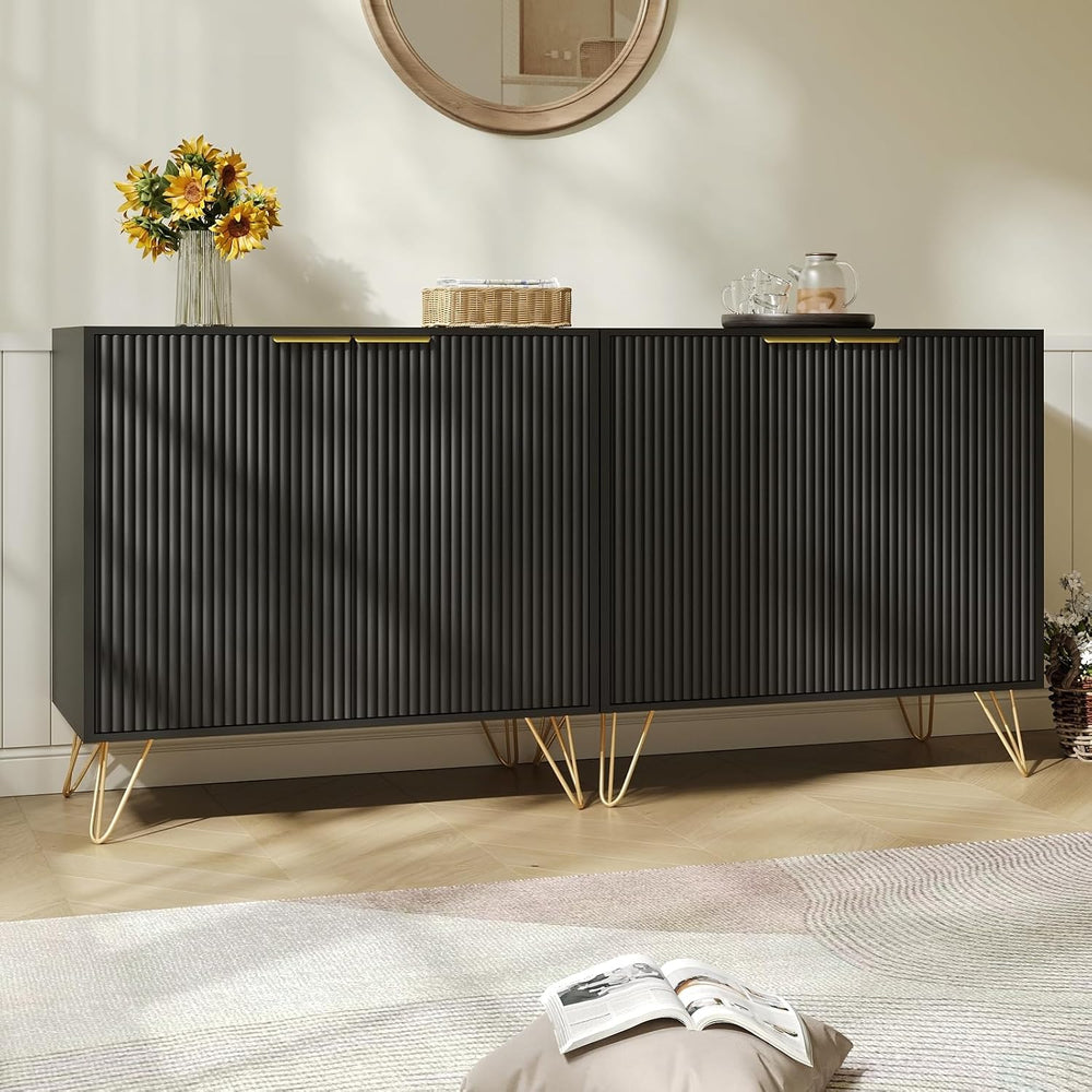 Storage Cabinet with 2 Fluted Doors and Adjustable Shelves, Black, 2pcs丨Moder...