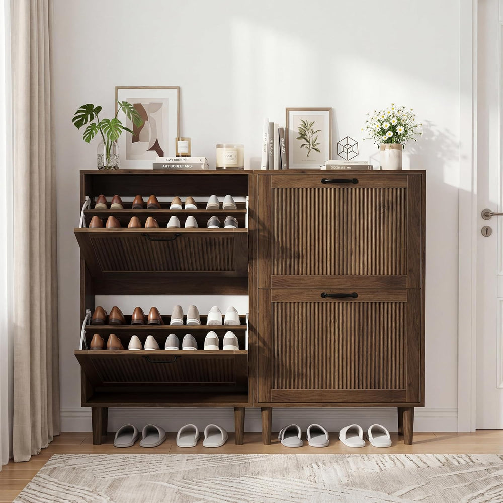 Smuxee Walnut Shoe Cabinet with 2 Flip Drawers, 23.6" Hidden Shoe Storag...