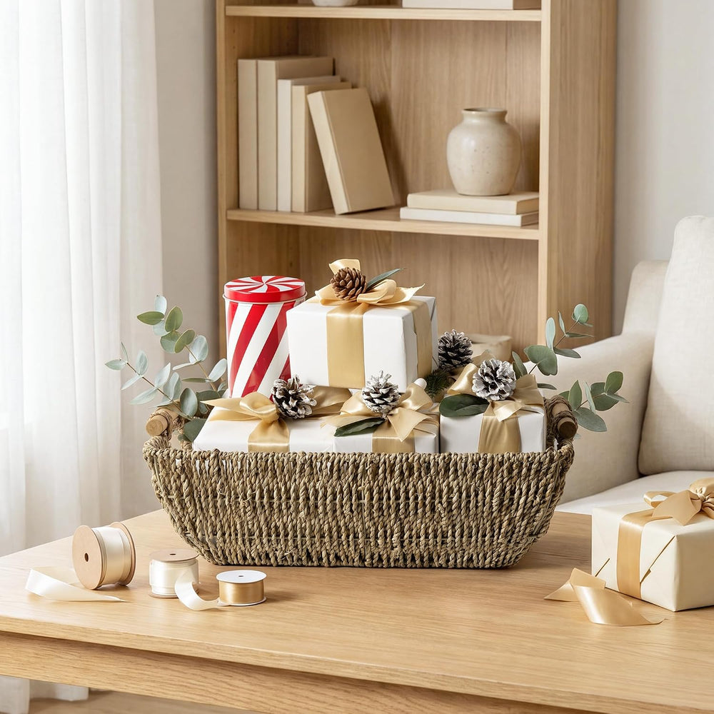 StorageWorks Hand-Woven Jumbo Storage Baskets with Wooden Handles, Seagrass W...