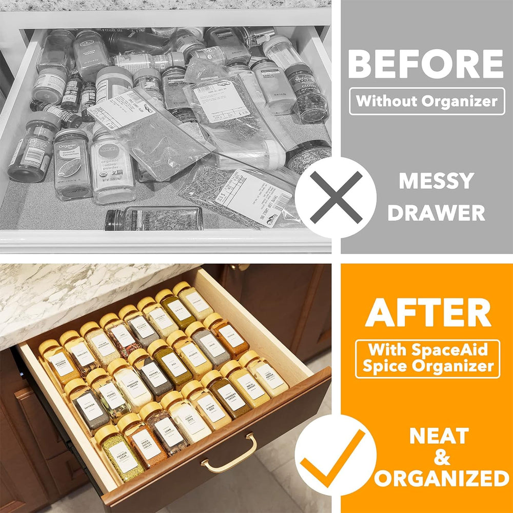 SpaceAid Bamboo Spice Drawer Organizer with 24 Spice Jars, 378 White Minimali...
