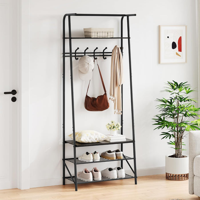 Takywep Entryway Hall Tree with Bench and Shoe Storage, 5-Hook Coat Rack with 3-Tier Shelves, Metal Frame Entry Bench for Hallway, Foyer, Rustic Brown Finish