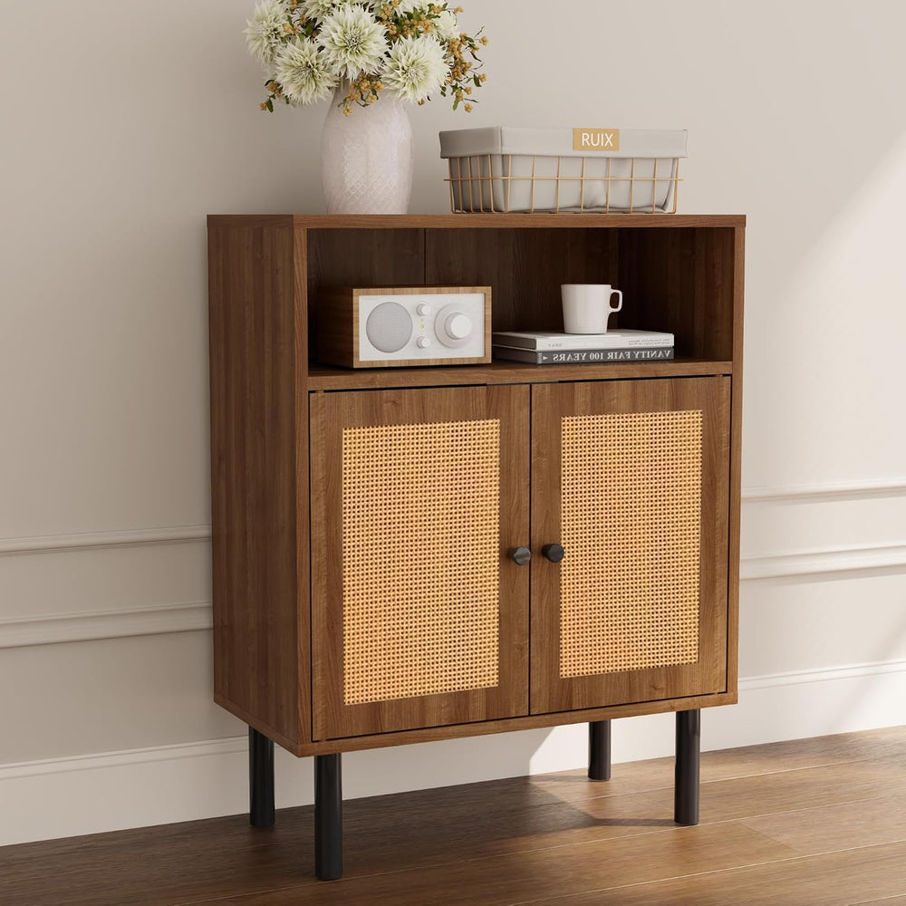 Rattan Storage Cabinet, Boho Accent Cabinet with Double Doors
