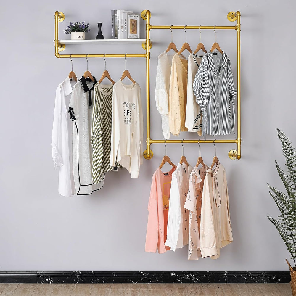 Industrial Pipe Clothing Rack, Wall Mounted Heavy Duty Garment Rack with Wood...
