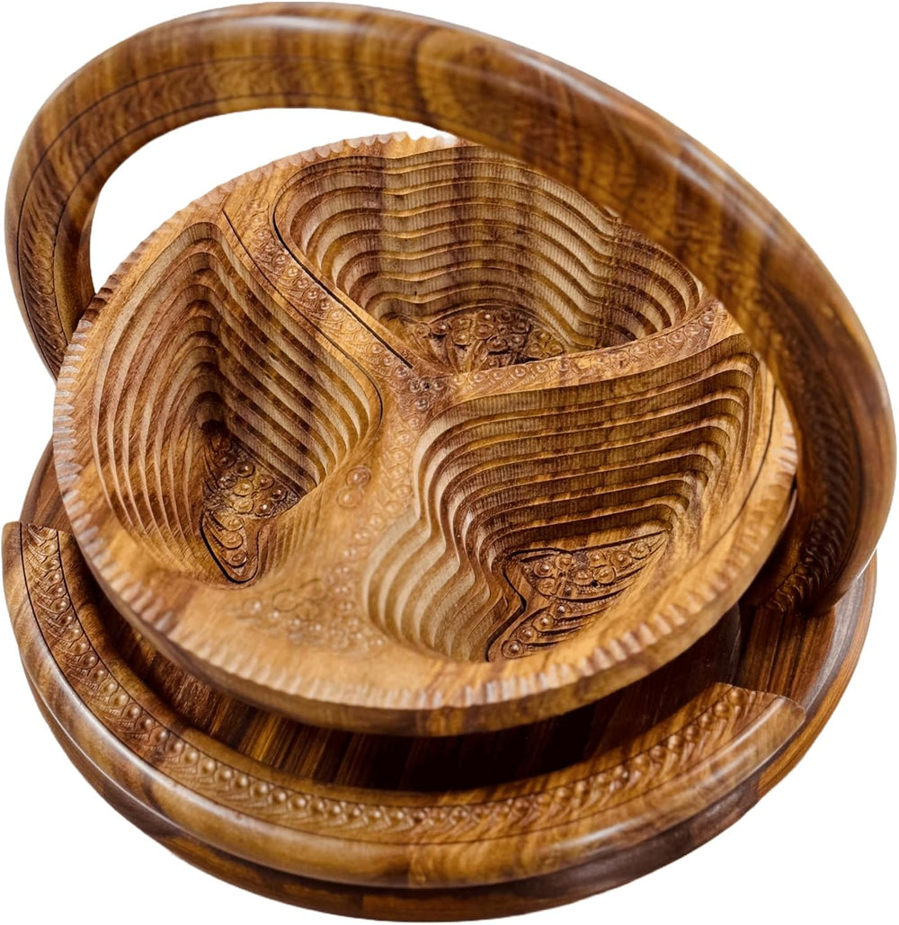 Handmade 12″ Collapsible Wooden Basket, 3-Compartment Angel Wings Design in H...