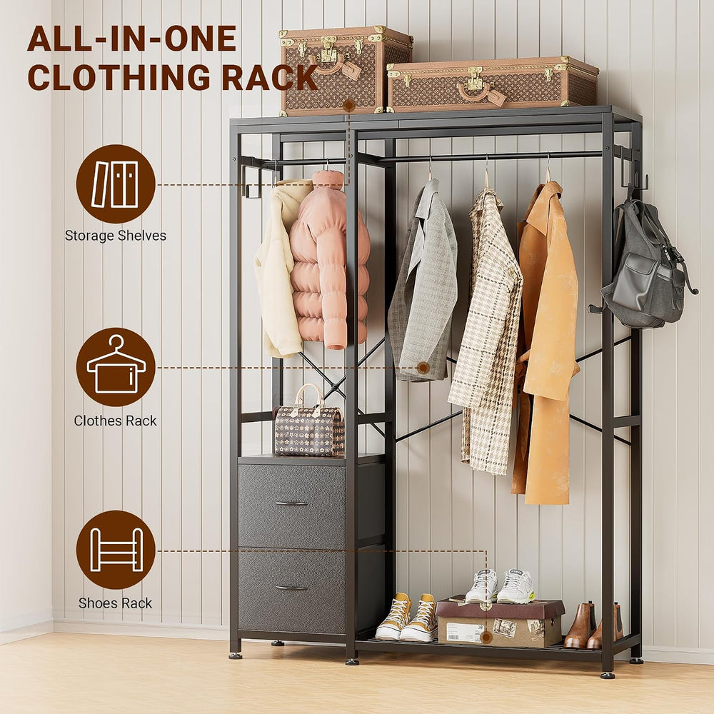 Lulive Clothes Rack with 2 Rods, Shelves, Drawers & Hooks, Garment Rack