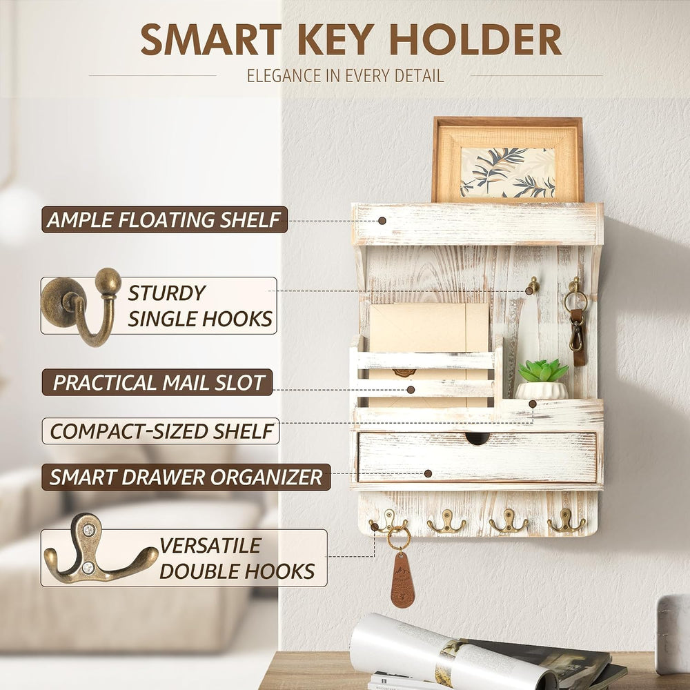 Rebee Vision Key Holder Wall Mount with Drawer for Home Decor, Whitewash
