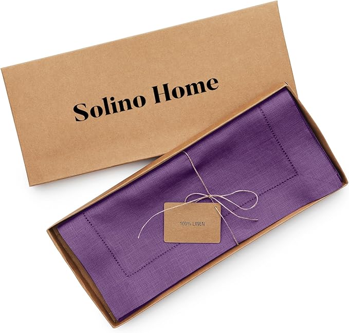 Solino Home Linen Purple Table Runner 48 Inches - Classic Hemstitch, 100% Pur...